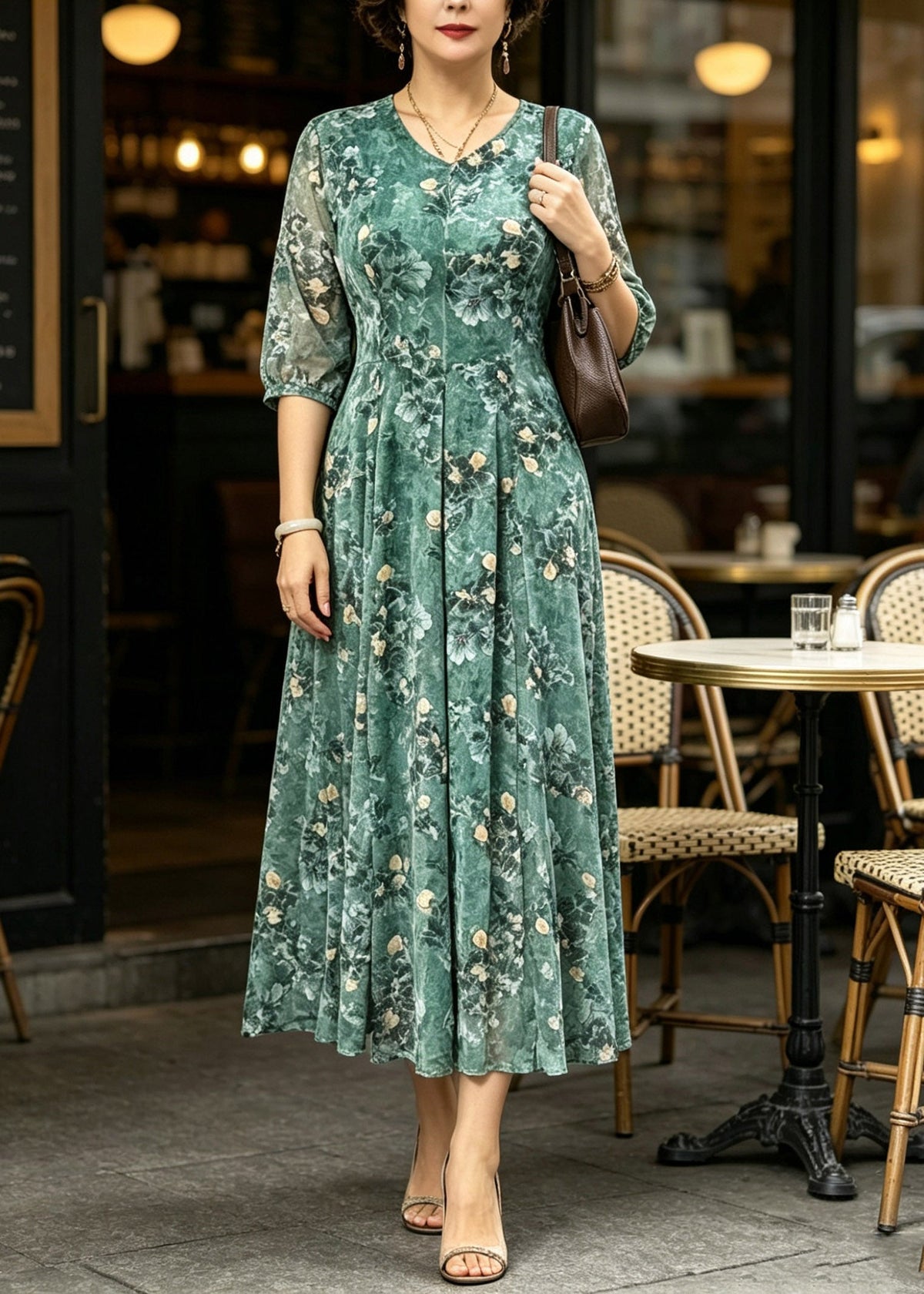 Floral Print V-Neck Button Front Half Sleeve A-Line Maxi Dress - View 2
