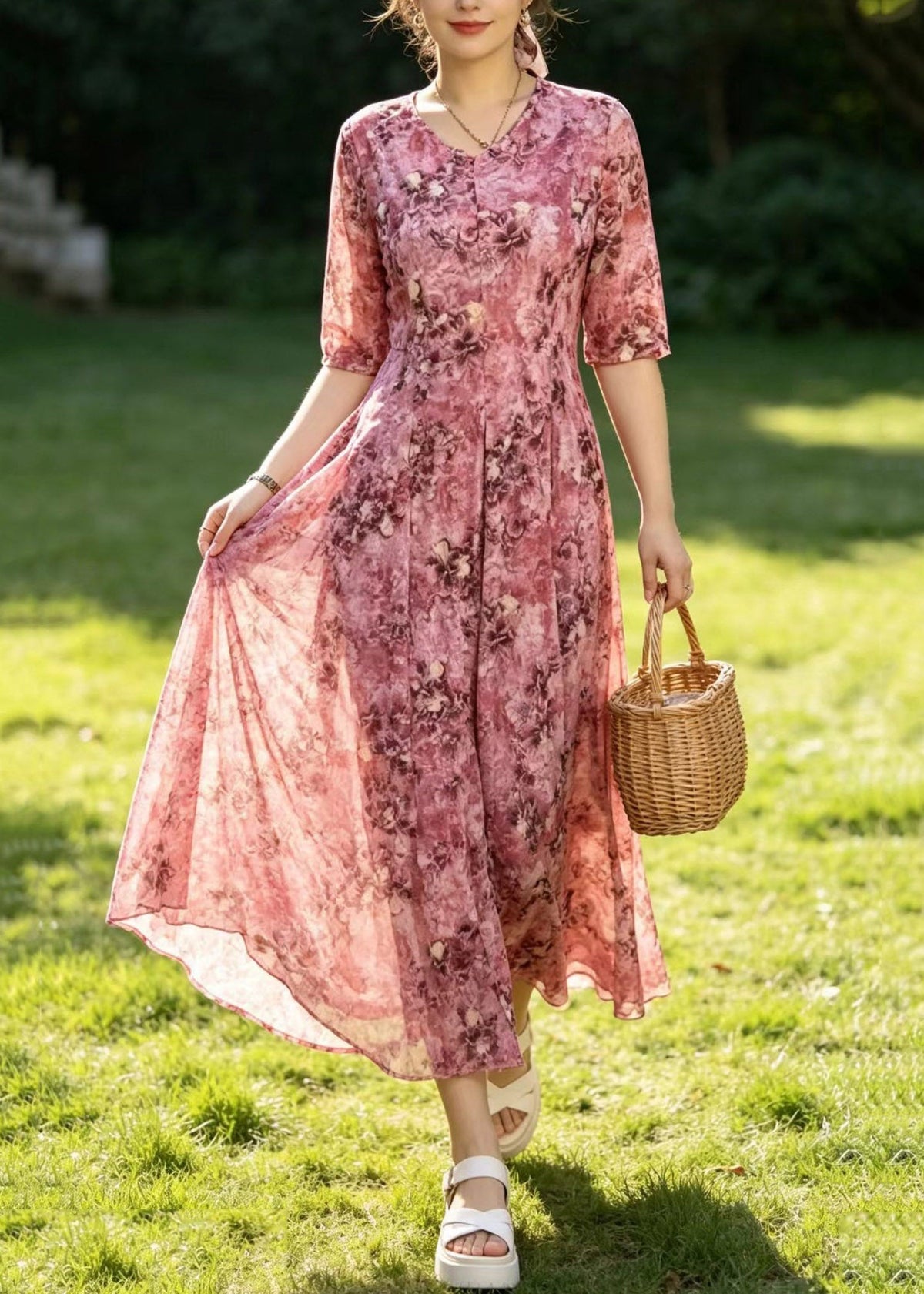 Floral Print V-Neck Button Front Half Sleeve A-Line Maxi Dress - View 3