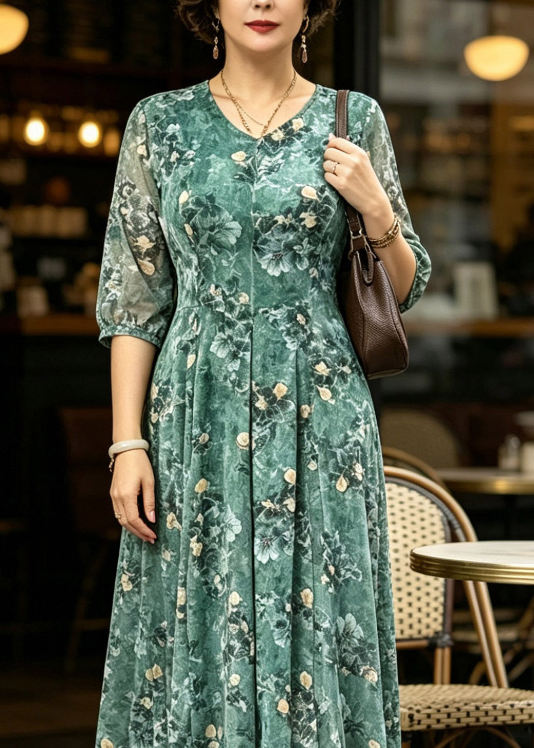 Floral Print V-Neck Button Front Half Sleeve A-Line Maxi Dress - View 4