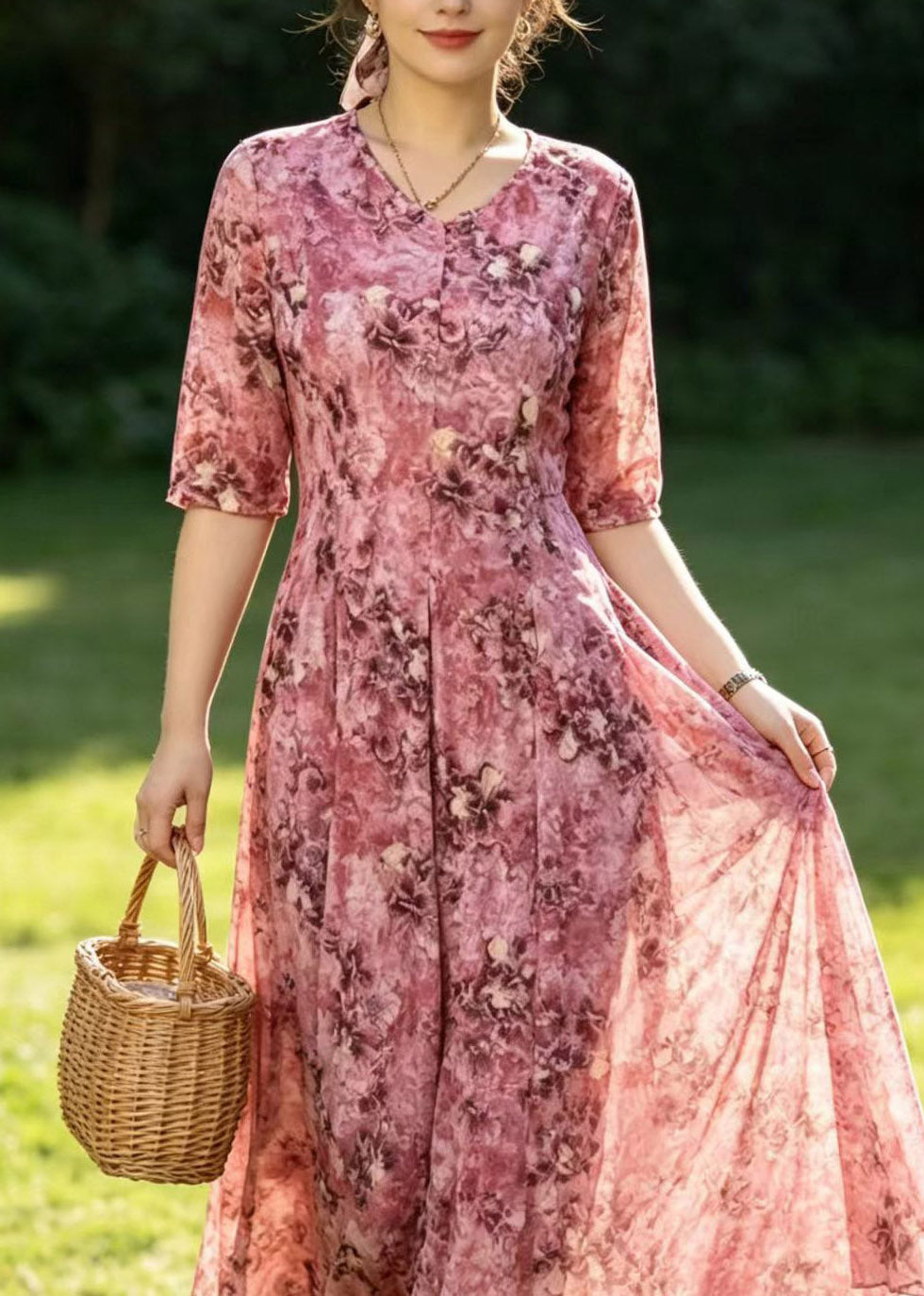 Floral Print V-Neck Button Front Half Sleeve A-Line Maxi Dress - View 5