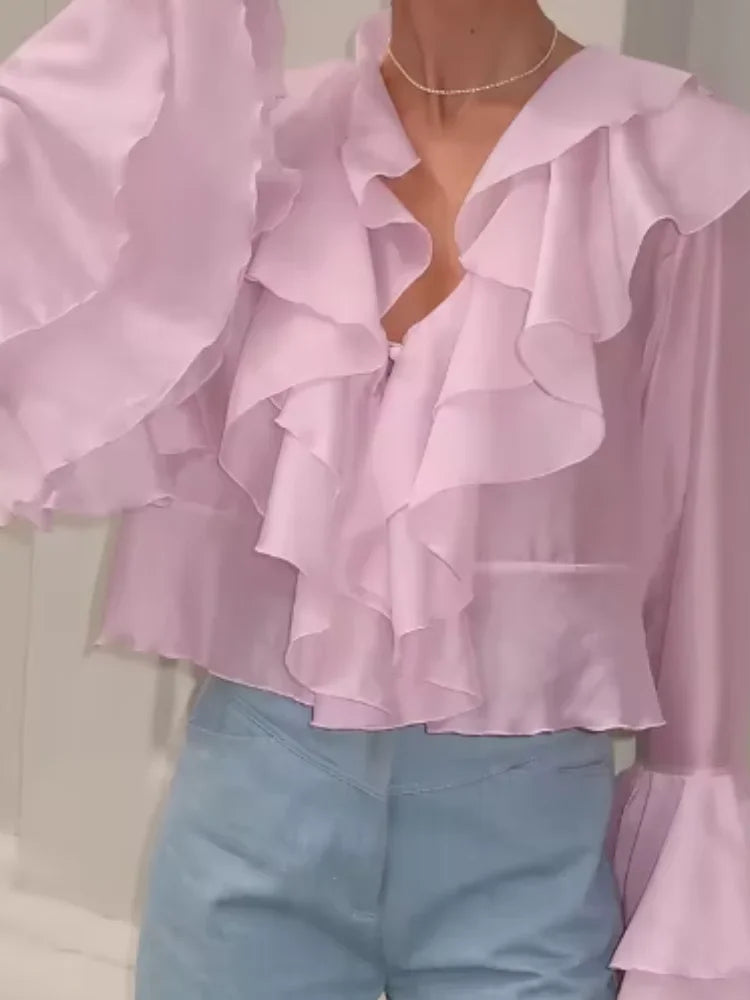 Ruffles V Neck Pink Chiffon Blouse