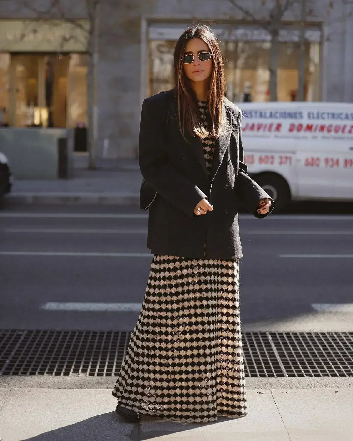 Checkerboard Print Knit A-Line Maxi Dress