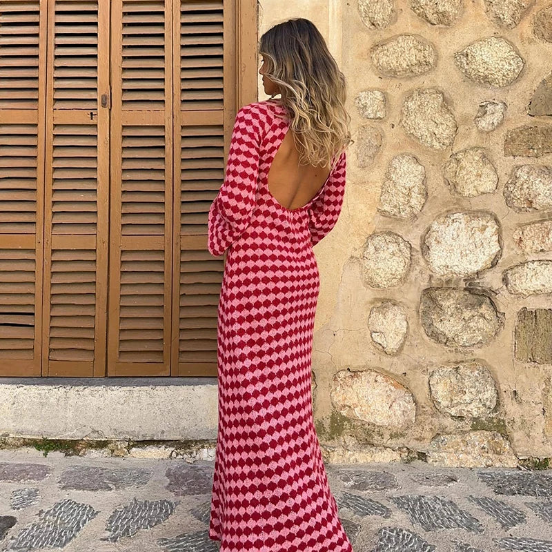 Checkerboard Print Knit A-Line Maxi Dress 2