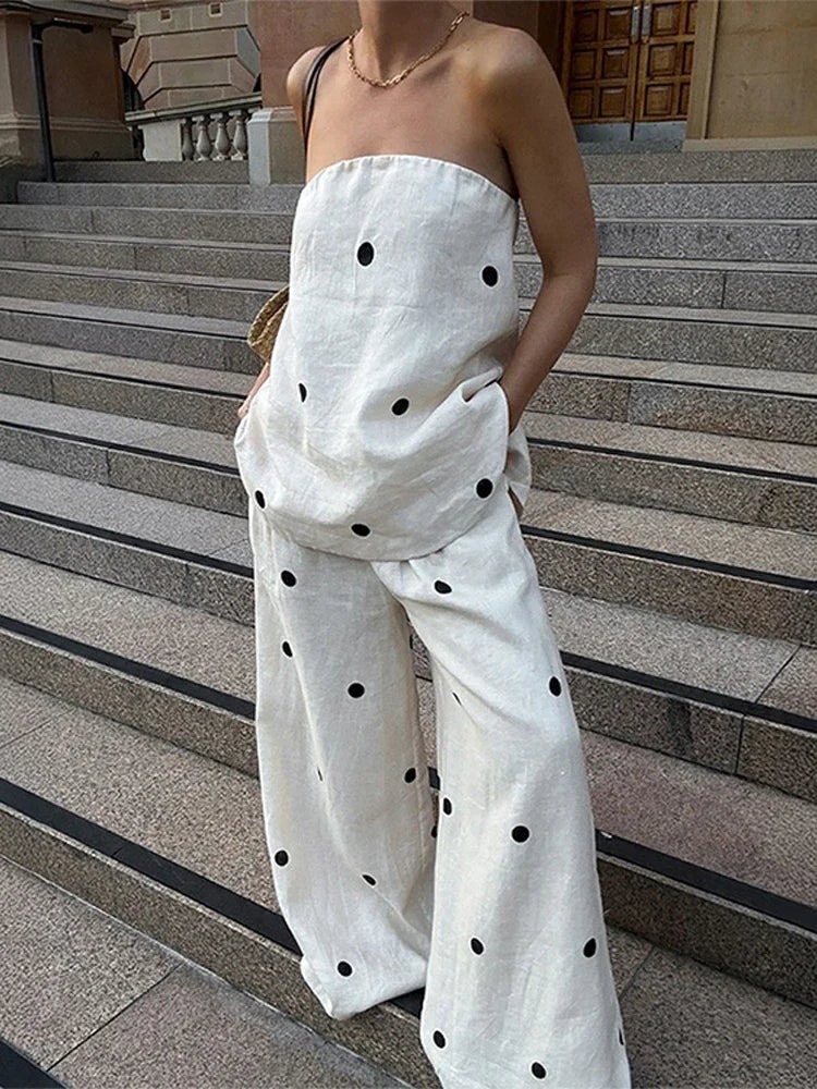 Polka Dot Tube Top Wide Pants Office Two Piece Set