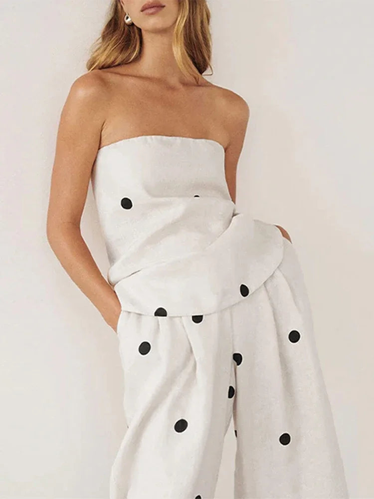 Polka Dot Tube Top Wide Pants Office Two Piece Set
