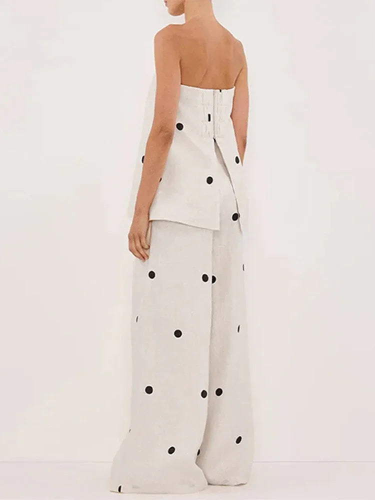 Polka Dot Tube Top Wide Pants Office Two Piece Set