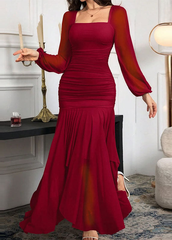 Chiffon Square Neck Sheer Lantern Sleeve Ruched Maxi Dress - View 3