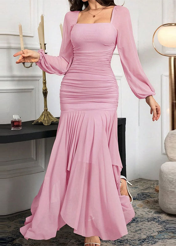 Chiffon Square Neck Sheer Lantern Sleeve Ruched Maxi Dress - View 4