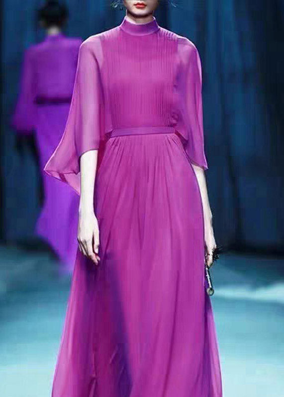 Chiffon Mock Neck Cape Sleeve Cinched Waist Maxi Gown - View 2