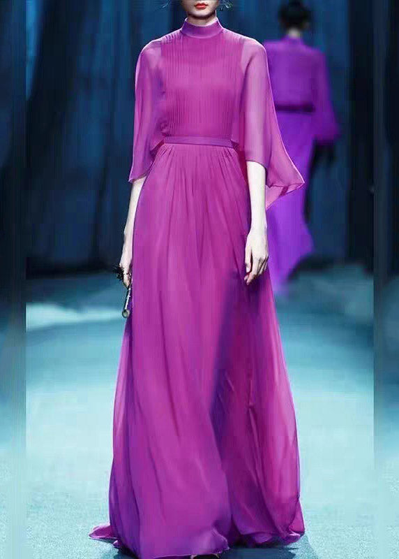 Chiffon Mock Neck Cape Sleeve Cinched Waist Maxi Gown - View 3