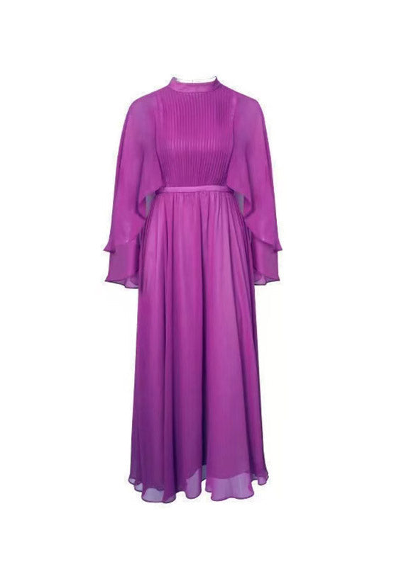Chiffon Mock Neck Cape Sleeve Cinched Waist Maxi Gown - View 4