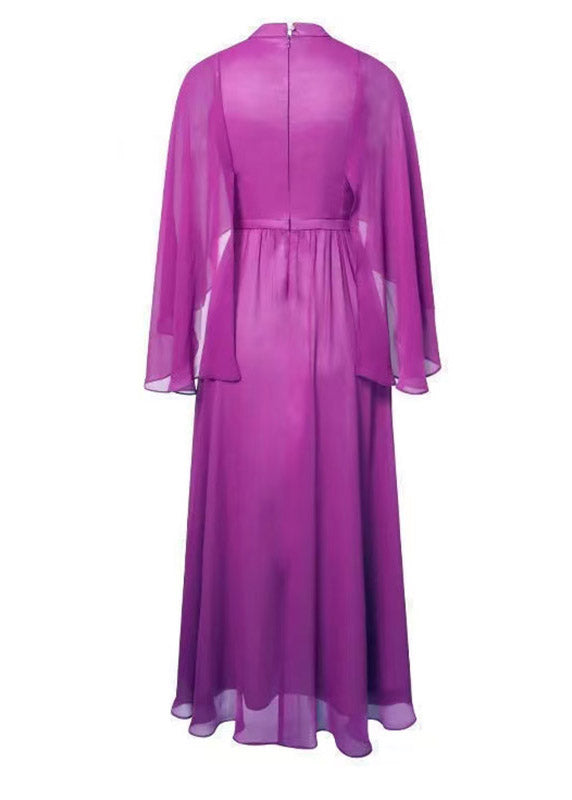 Chiffon Mock Neck Cape Sleeve Cinched Waist Maxi Gown - View 5