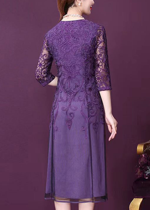 Lace Floral Embroidery V-Neck Three Quarter A-Line Midi Dress - View 5