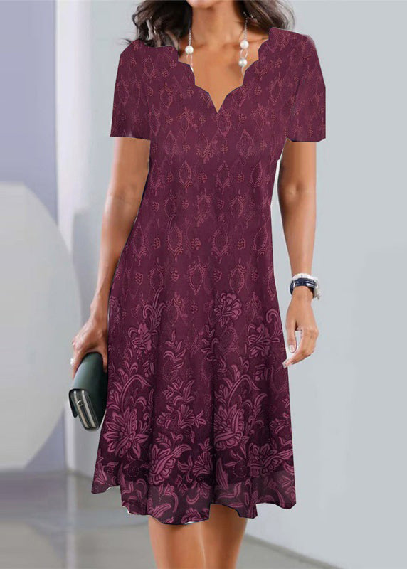 Damask Medallion Border Print Scalloped V-Neck Short Sleeve Dress