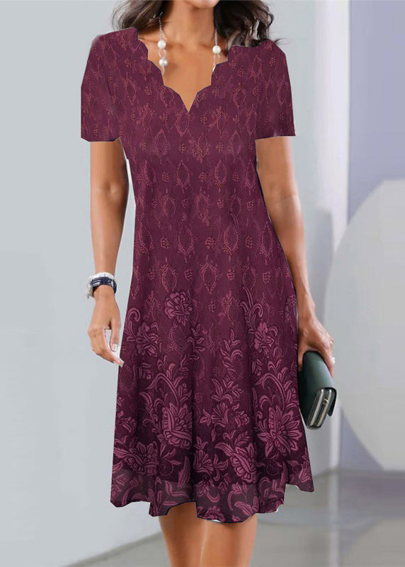 Damask Medallion Border Print Scalloped V-Neck Short Sleeve Dress - View 2