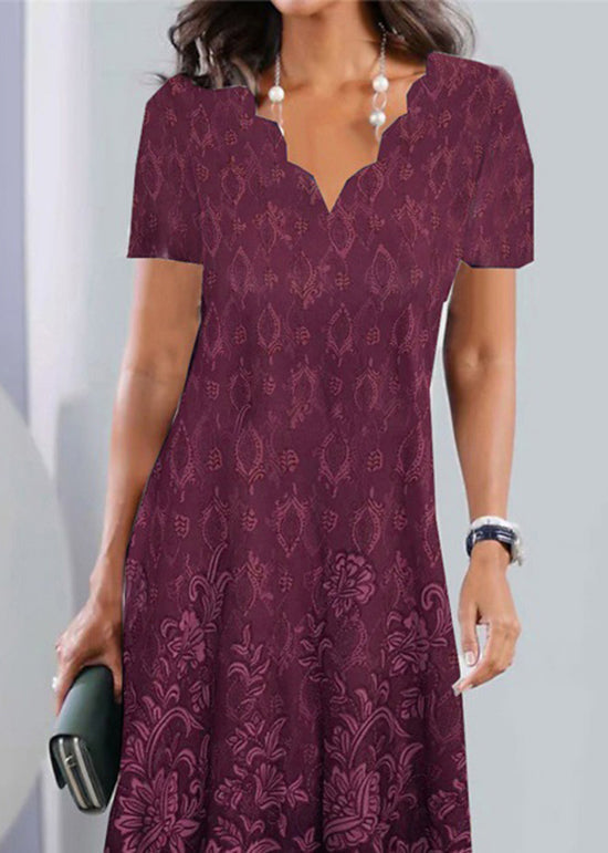 Damask Medallion Border Print Scalloped V-Neck Short Sleeve Dress - View 3