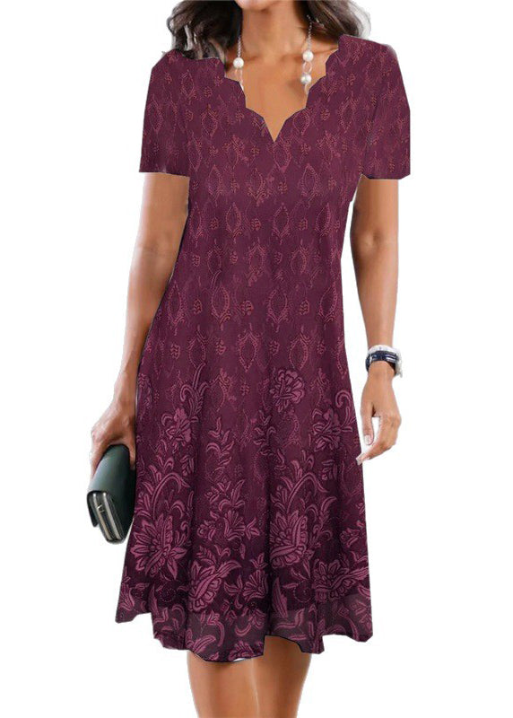 Damask Medallion Border Print Scalloped V-Neck Short Sleeve Dress - View 5