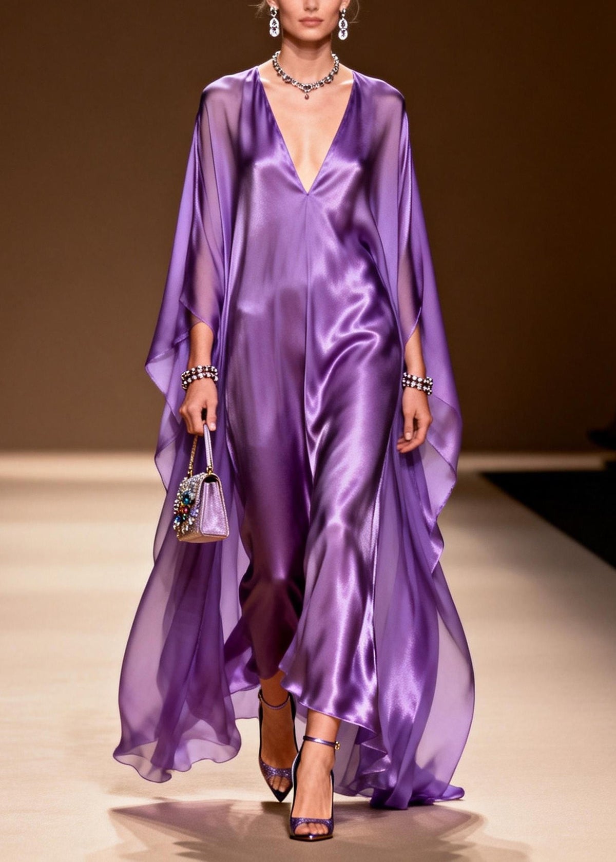 Satin Deep V-Neck Chiffon Cape Overlay Slip Maxi Gown - View 5