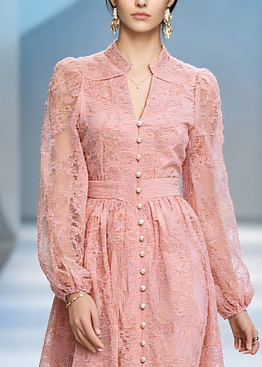 Lace V-Neck Mandarin Collar Bishop Sleeve Button Front Mini Dress - View 2