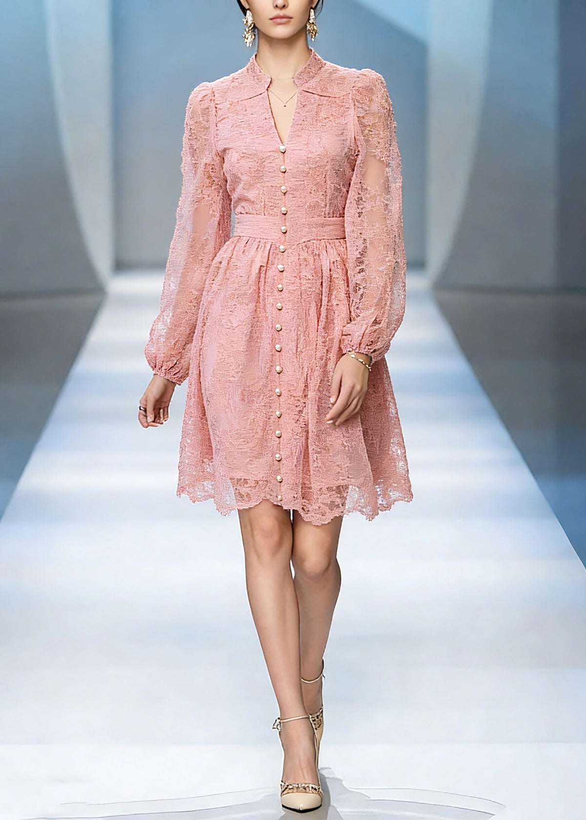 Lace V-Neck Mandarin Collar Bishop Sleeve Button Front Mini Dress - View 3
