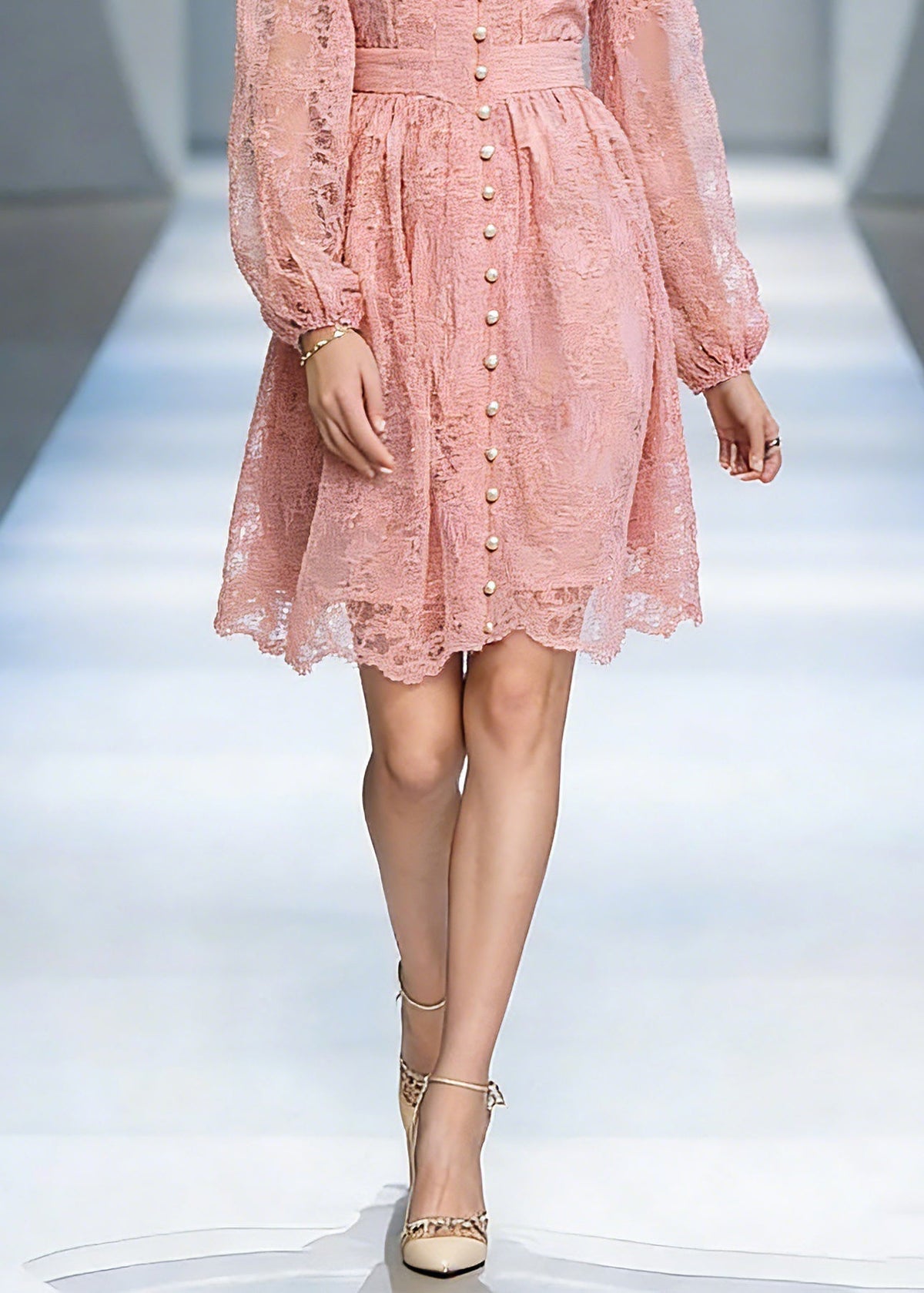 Lace V-Neck Mandarin Collar Bishop Sleeve Button Front Mini Dress - View 4