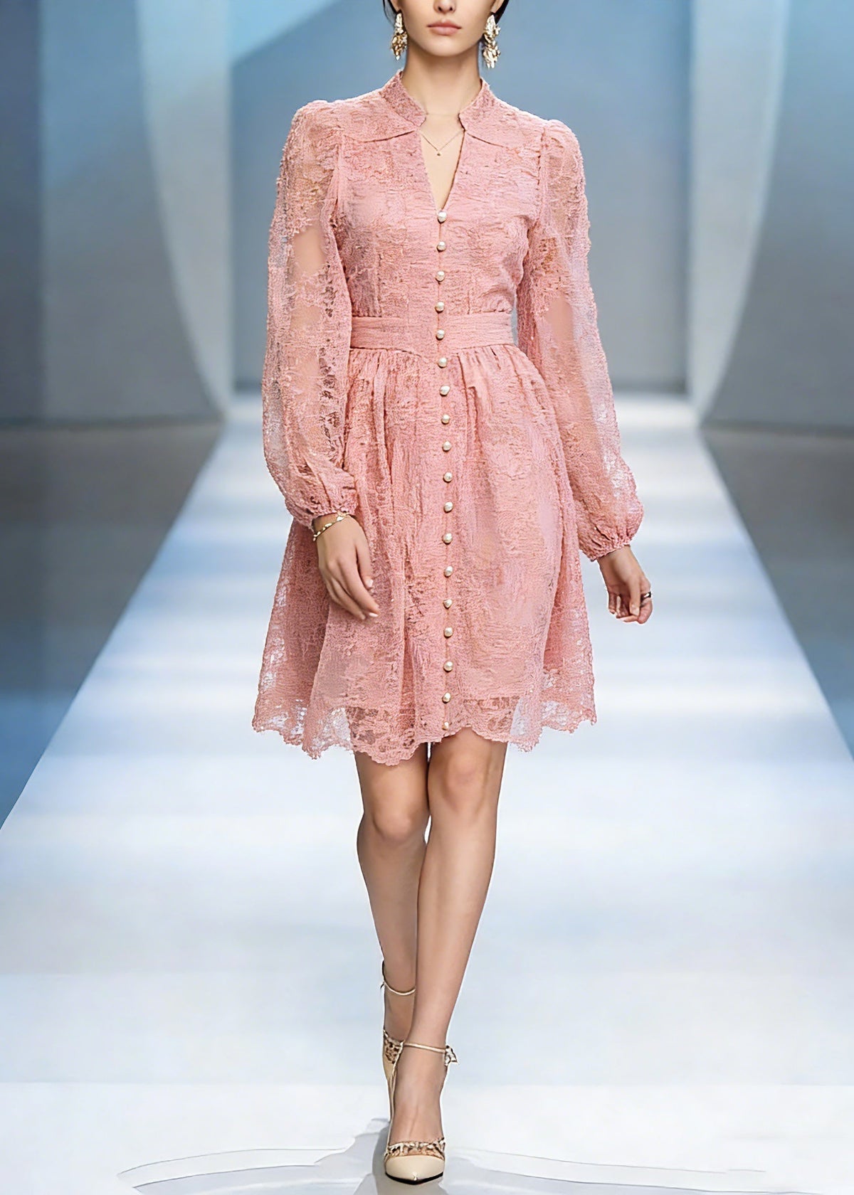 Lace V-Neck Mandarin Collar Bishop Sleeve Button Front Mini Dress - View 5