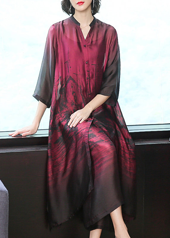 Brushstroke Print Mandarin Collar Button Front Maxi Dress