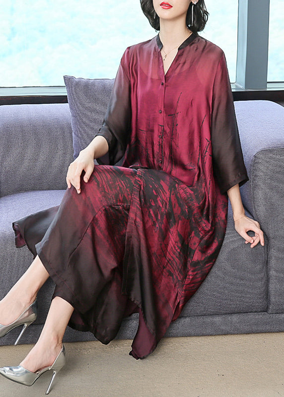 Brushstroke Print Mandarin Collar Button Front Maxi Dress - View 2