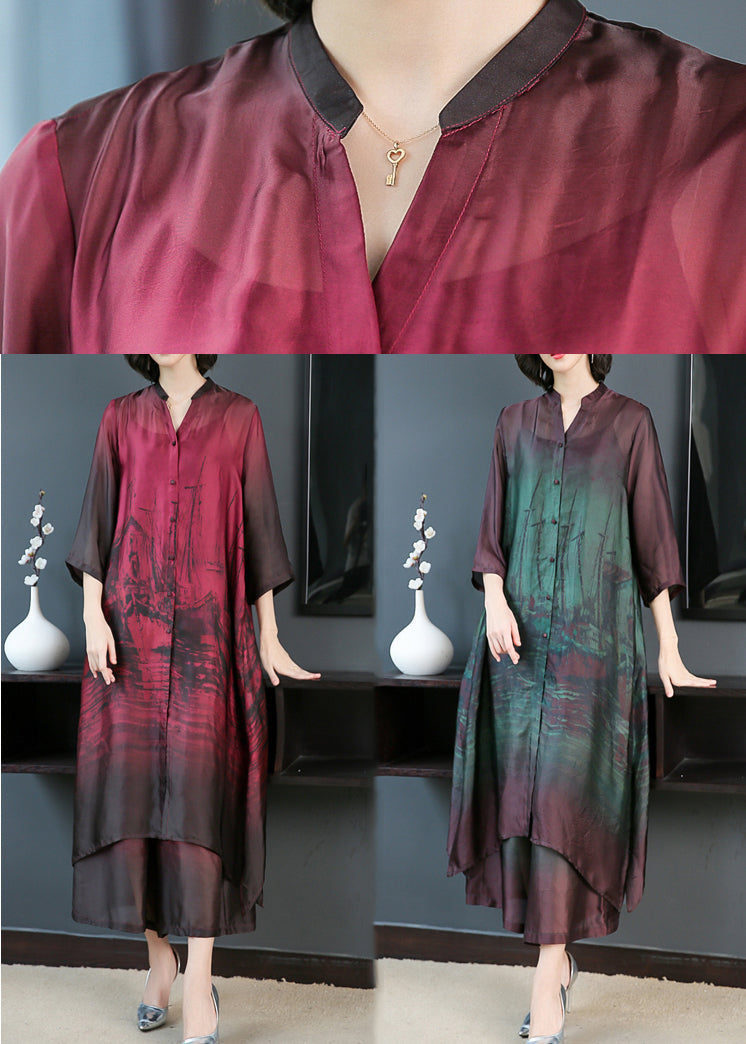 Brushstroke Print Mandarin Collar Button Front Maxi Dress - View 5