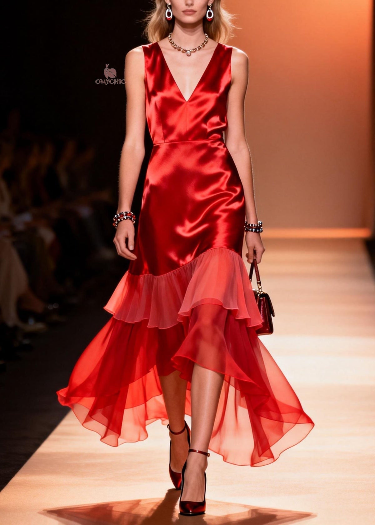 Satin Deep V-Neck Sleeveless Tiered Ruffle Chiffon Party Dress