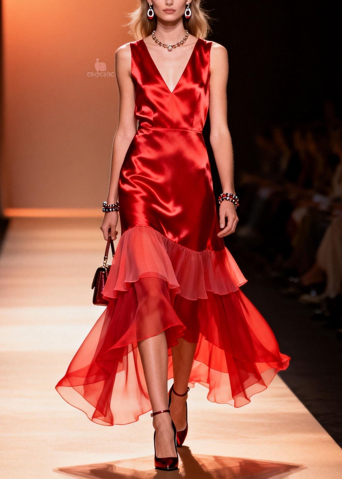 Satin Deep V-Neck Sleeveless Tiered Ruffle Chiffon Party Dress - View 3