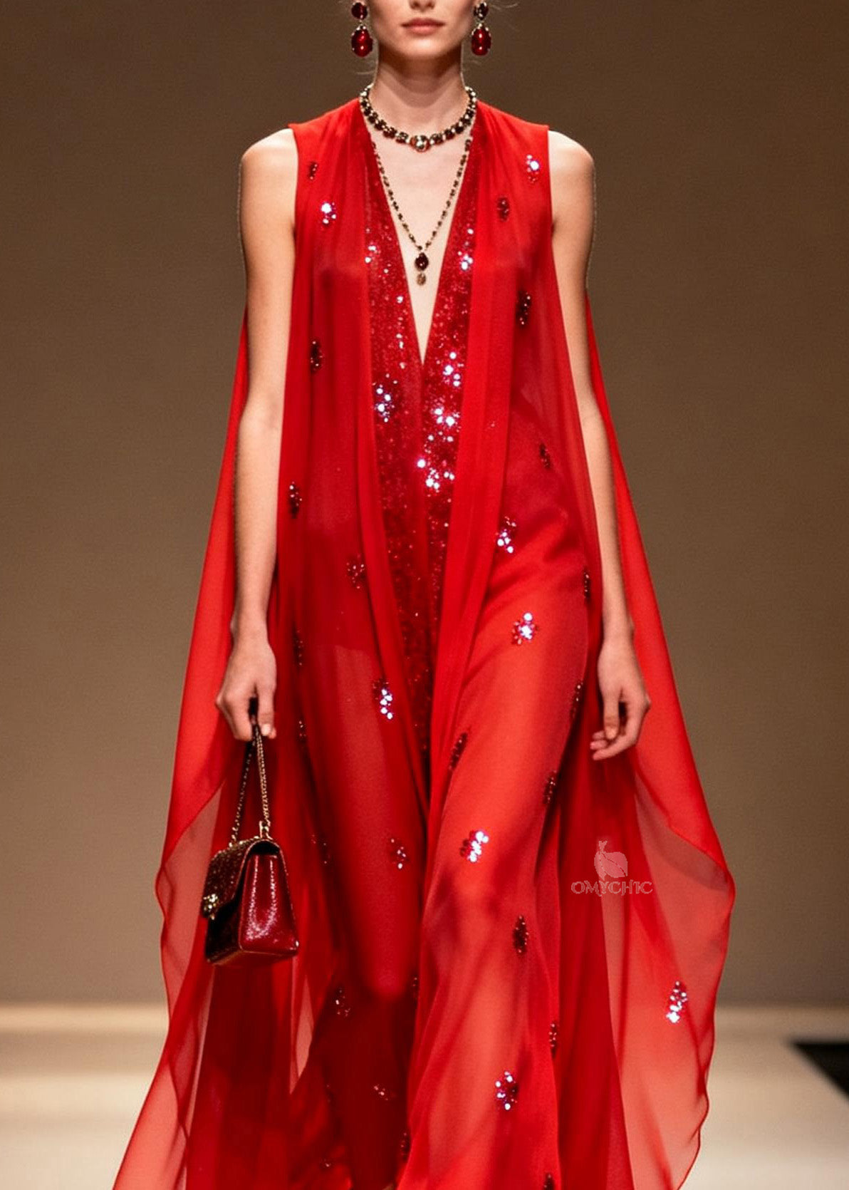 Sequin Scatter Deep V-Neck Sheer Cape Overlay Maxi Gown - View 2