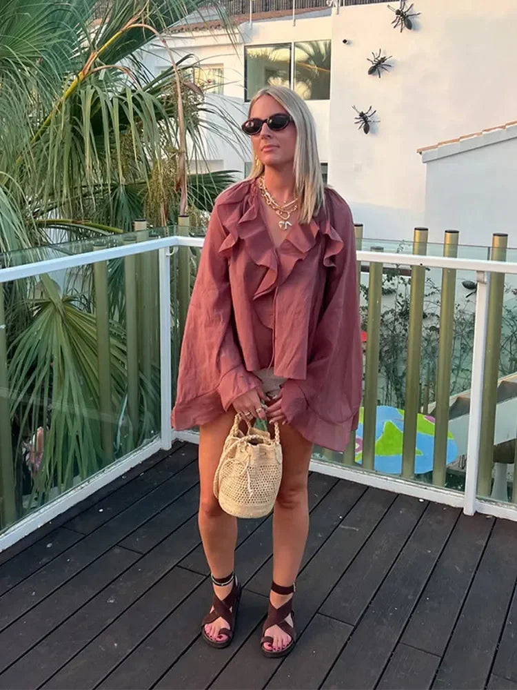 Ruffles Lace Up V Neck Gauze Blouse