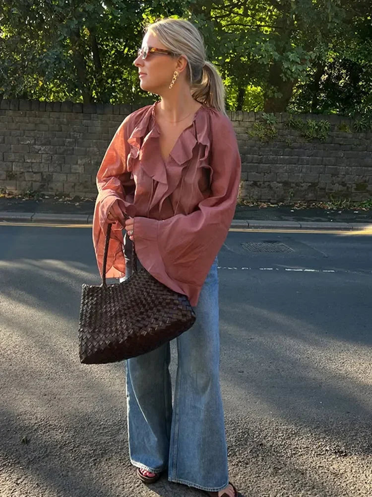 Ruffles Lace Up V Neck Gauze Blouse