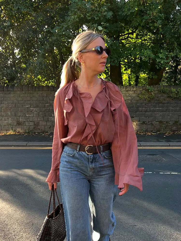 Ruffles Lace Up V Neck Gauze Blouse