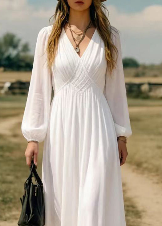 Chiffon Deep V-Neck Bishop Sleeve Lattice Empire Waist Maxi Dress - View 2