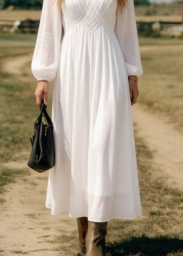 Chiffon Deep V-Neck Bishop Sleeve Lattice Empire Waist Maxi Dress - View 4