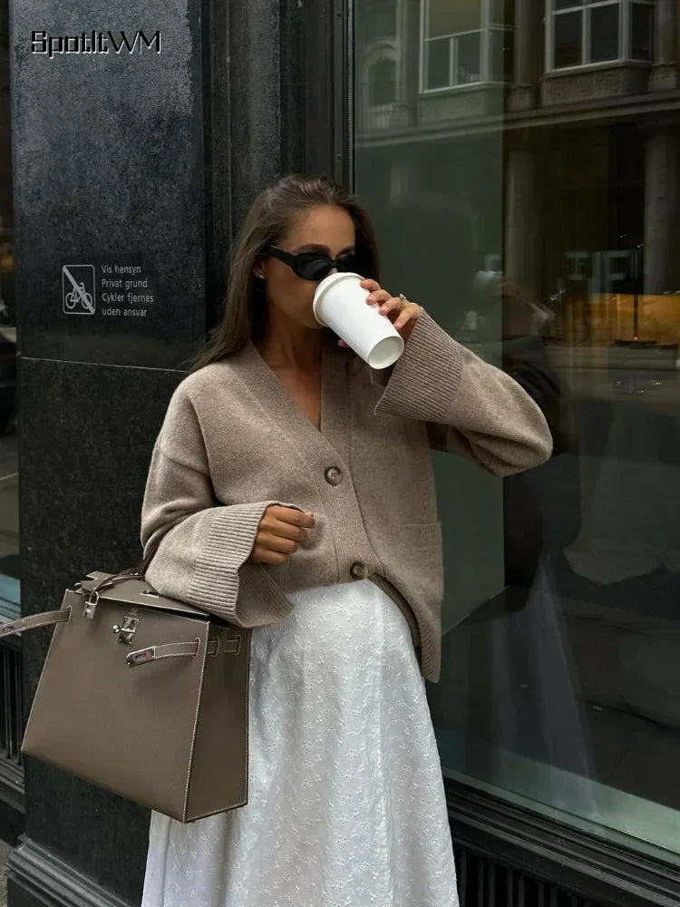 Single-breasted V Neck Casual Long Sleeves Solid Cardigan