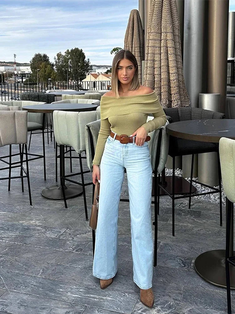 Slim Green Off-Shoulder Long Sleeve Sweater