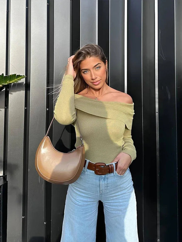 Slim Green Off-Shoulder Long Sleeve Sweater 2