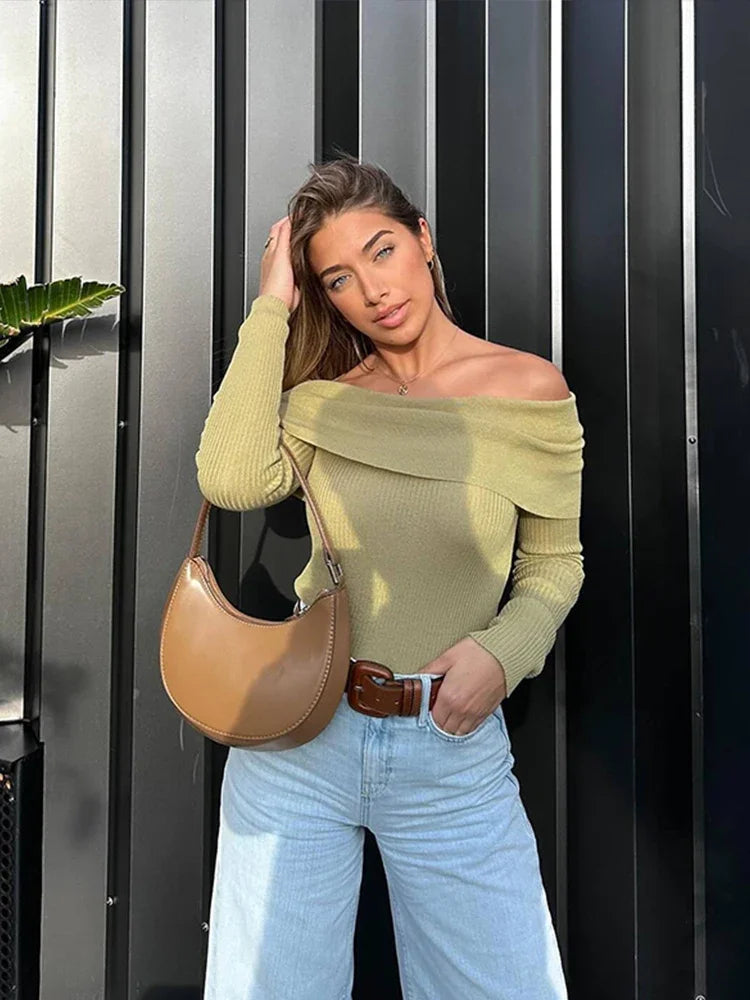 Slim Green Off-Shoulder Long Sleeve Sweater 3