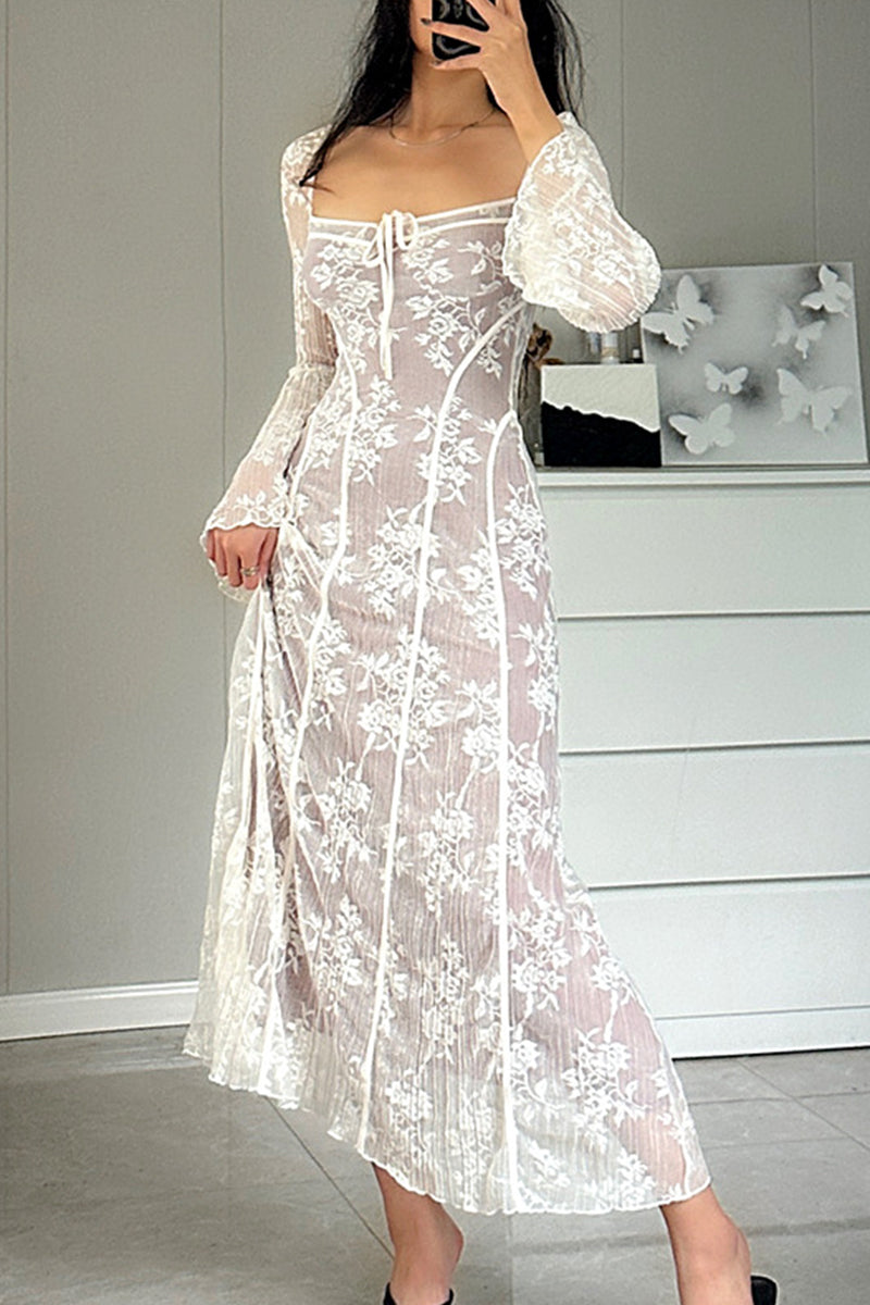 Elegant Solid Color Lace Lace Up Square Neck A Line Dresses - Fashionpara