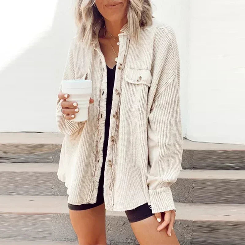 Elegant Solid Color Ribbed Casual Loose Long Sleeve Autumn Winter Coats - Fashionpara