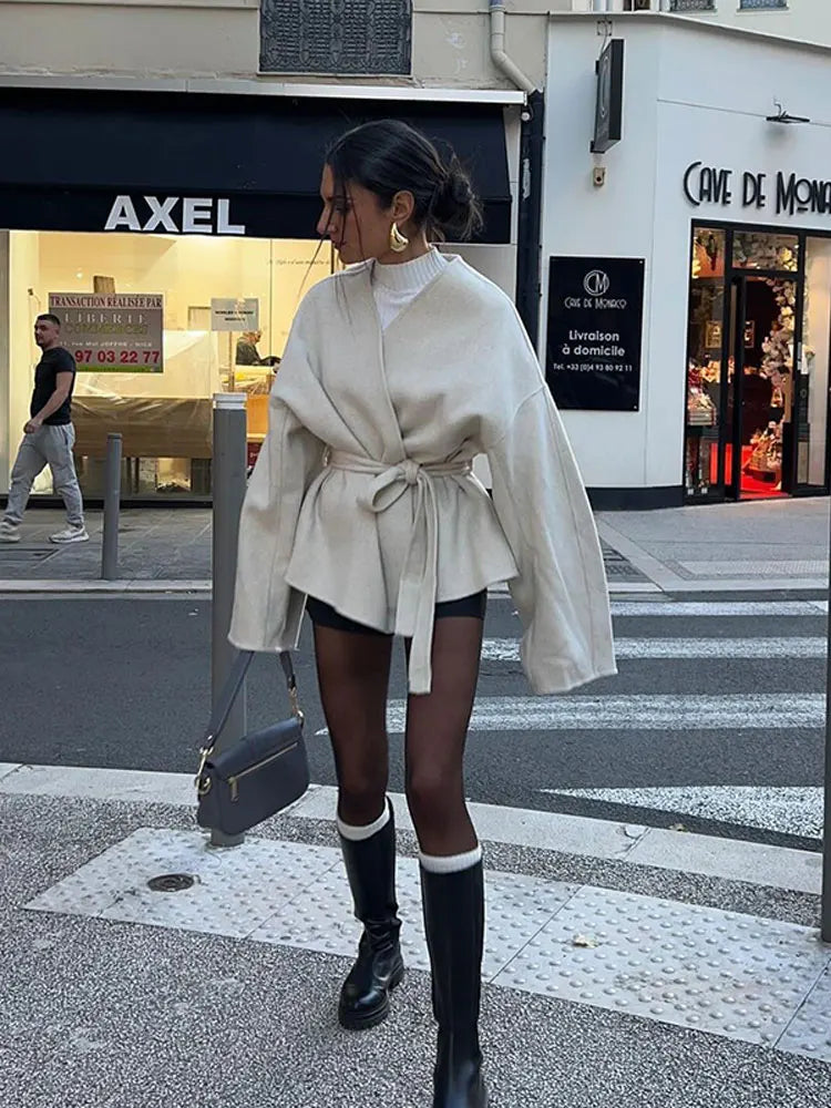 Solid V-neck Lace-up Coat