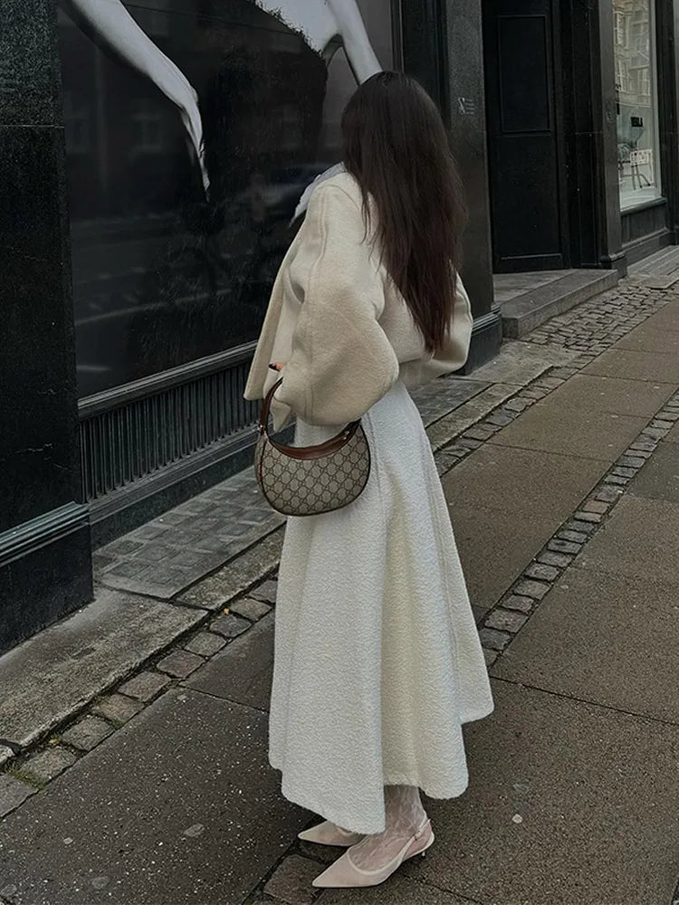 White Long Sleeve Woolen Coat