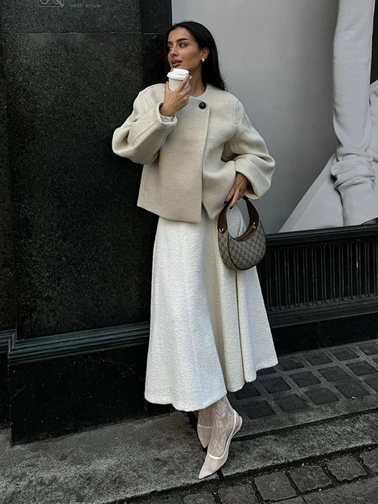 White Long Sleeve Woolen Coat