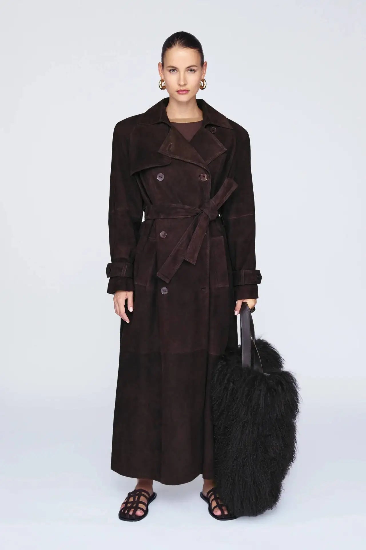 Suede Leather Chocolate Belted Overcoat