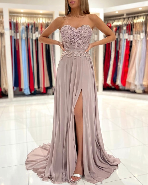 Elegant Sweetheart Appliques A-Line Ruffles Floor-length Prom Evening Dresses With Side Slit