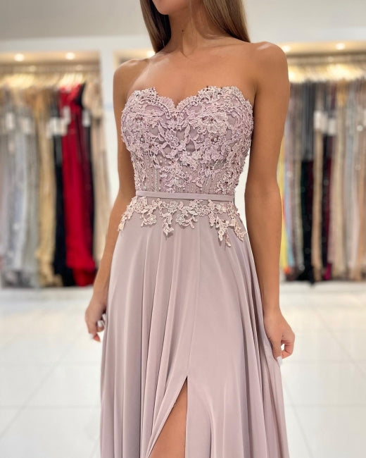 Elegant Sweetheart Appliques A-Line Ruffles Floor-length Prom Evening Dresses With Side Slit