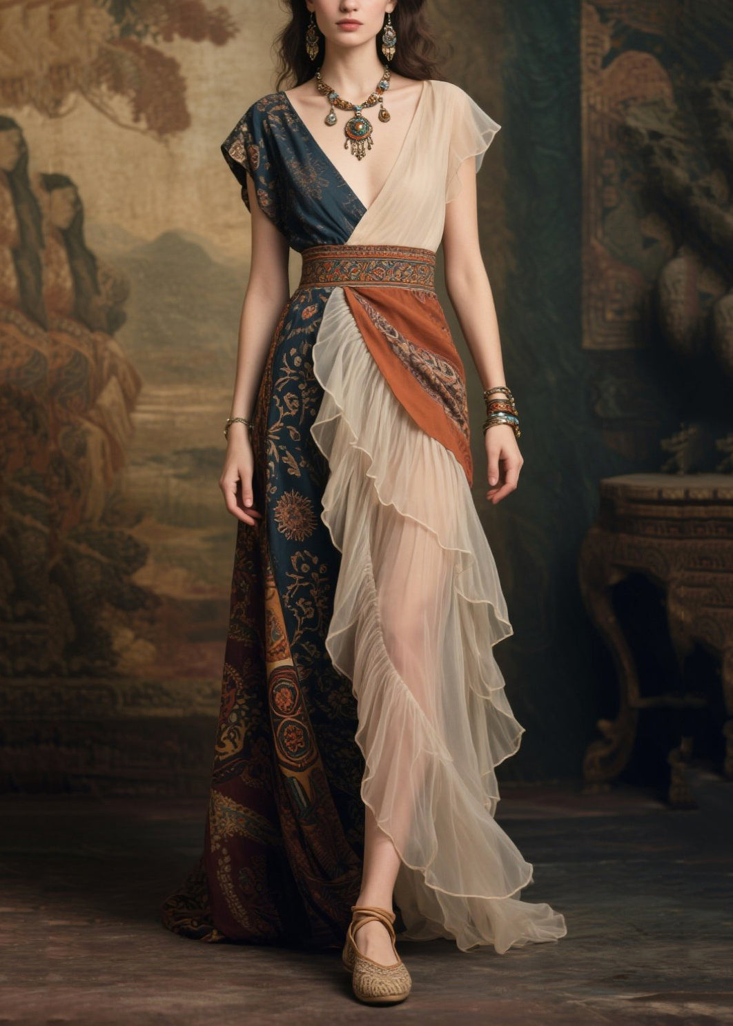 Chiffon Deep V-Neck Asymmetrical Cap Sleeve Paisley Maxi Gown - View 3